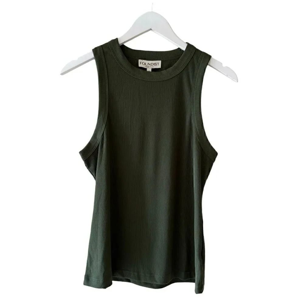 Foundist Olive Green Rib Knit Crewneck Solid Lagenlook Tank Top SZ XL #1901